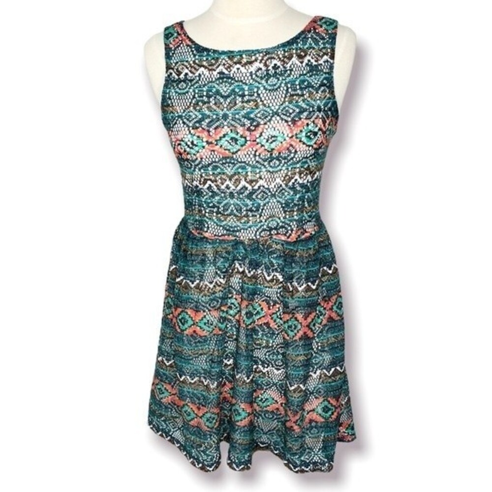 Xhilaration Dress Green Orange Southwestern Floral Mesh Lace Fit & Flare Mini